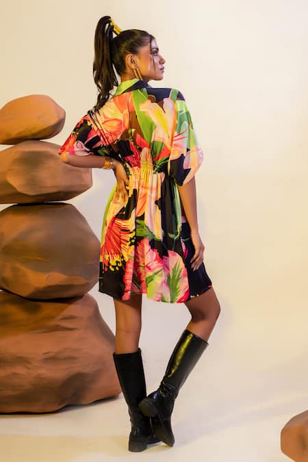 Shop That Thing You Love Multi Color Satin, Cotton Embroidery Shawl Neck Blossom Pattern Shirt Dress at Aza Fashions Shop_That Thing You Love_Multi Color Satin, Cotton Embroidery Shawl Neck Blossom Pattern Shirt Dress _at_Aza_Fashions