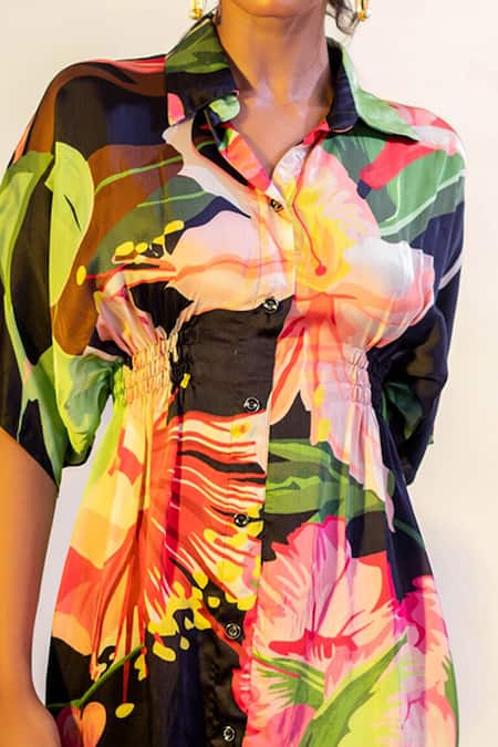 Buy That Thing You Love Multi Color Satin, Cotton Embroidery Shawl Neck Blossom Pattern Shirt Dress Online at Aza Fashions Buy_That Thing You Love_Multi Color Satin, Cotton Embroidery Shawl Neck Blossom Pattern Shirt Dress _Online_at_Aza_Fashions