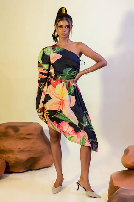 That Thing You Love Multi Color Satin, Cotton One Shoulder Lily Blast Print Cut Out Dress 