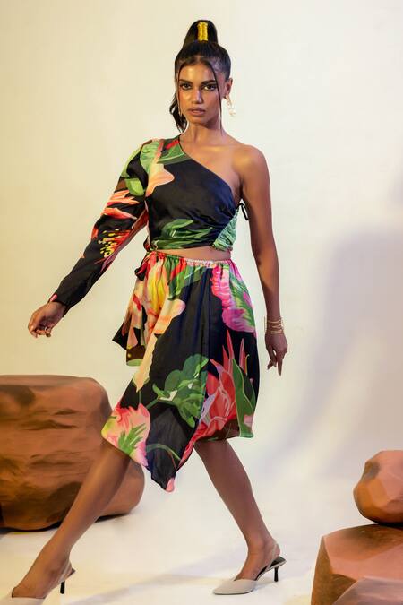 Shop That Thing You Love Multi Color Satin, Cotton One Shoulder Lily Blast Print Cut Out Dress Online at Aza Fashions Shop_That Thing You Love_Multi Color Satin, Cotton One Shoulder Lily Blast Print Cut Out Dress _Online_at_Aza_Fashions
