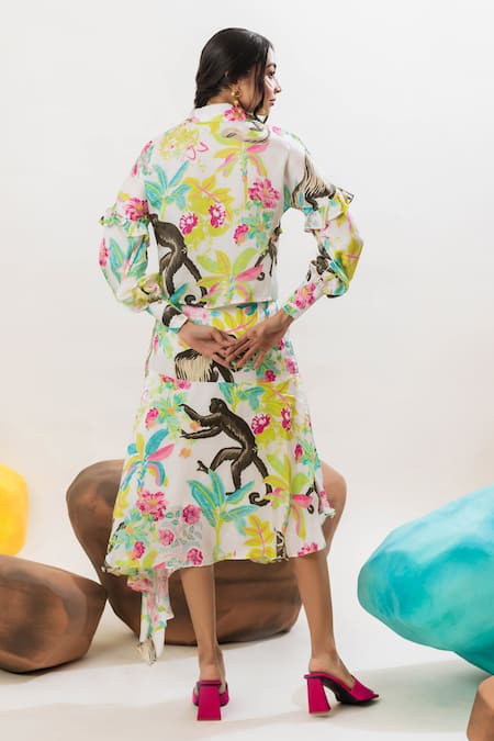 Shop That Thing You Love Multi Color Satin, Cotton Embroidery Collared Printed Frilled Shirt at Aza Fashions Shop_That Thing You Love_Multi Color Satin, Cotton Embroidery Collared Printed Frilled Shirt _at_Aza_Fashions