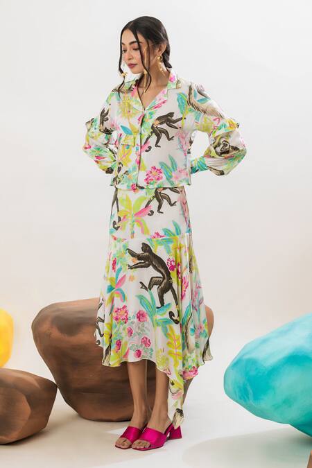 That Thing You Love Multi Color Satin, Cotton Embroidery Collared Printed Frilled Shirt Online at Aza Fashions That Thing You Love_Multi Color Satin, Cotton Embroidery Collared Printed Frilled Shirt _Online_at_Aza_Fashions