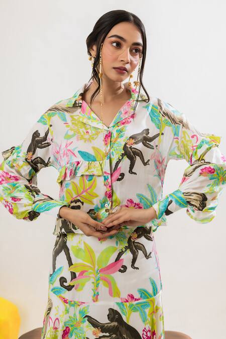 Buy That Thing You Love Multi Color Satin, Cotton Embroidery Collared Printed Frilled Shirt Online at Aza Fashions Buy_That Thing You Love_Multi Color Satin, Cotton Embroidery Collared Printed Frilled Shirt _Online_at_Aza_Fashions