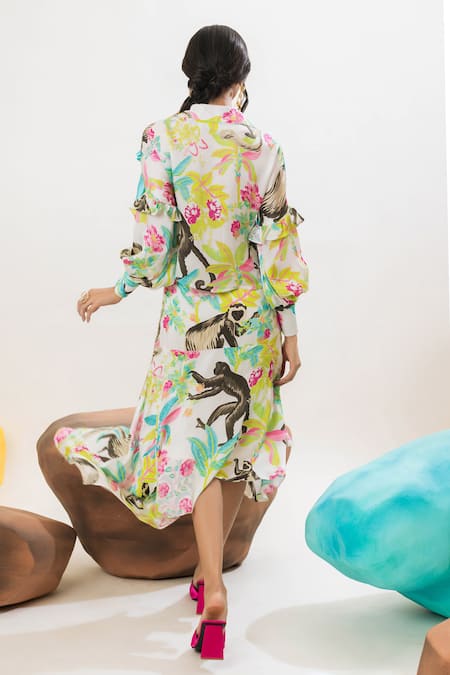 Shop That Thing You Love Multi Color Satin, Cotton Embroidery Collared Printed Frilled Shirt Online at Aza Fashions Shop_That Thing You Love_Multi Color Satin, Cotton Embroidery Collared Printed Frilled Shirt _Online_at_Aza_Fashions