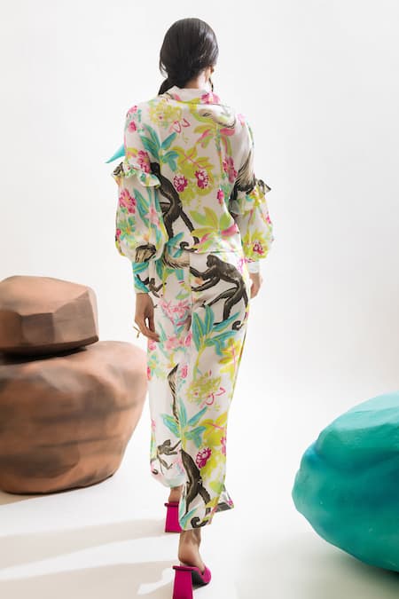 Shop That Thing You Love Multi Color Satin Collared Printed Frilled Shirt And Slit Pant Set at Aza Fashions Shop_That Thing You Love_Multi Color Satin Collared Printed Frilled Shirt And Slit Pant Set _at_Aza_Fashions