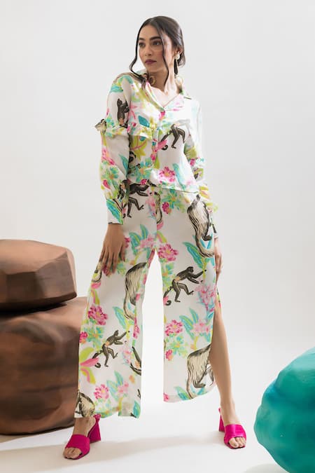 That Thing You Love Multi Color Satin Collared Printed Frilled Shirt And Slit Pant Set Online at Aza Fashions That Thing You Love_Multi Color Satin Collared Printed Frilled Shirt And Slit Pant Set _Online_at_Aza_Fashions