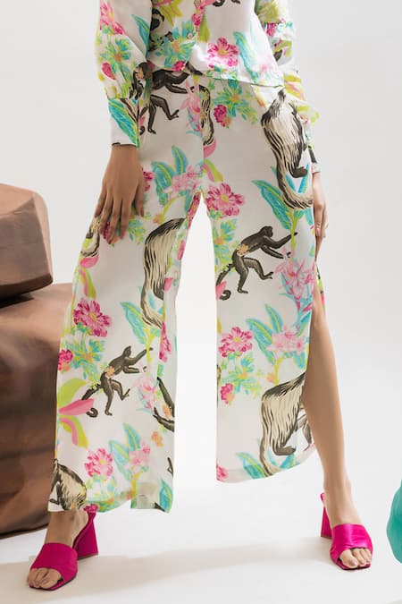 Buy That Thing You Love Multi Color Satin Collared Printed Frilled Shirt And Slit Pant Set Online at Aza Fashions Buy_That Thing You Love_Multi Color Satin Collared Printed Frilled Shirt And Slit Pant Set _Online_at_Aza_Fashions