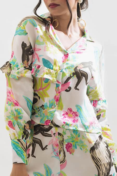 Shop That Thing You Love Multi Color Satin Collared Printed Frilled Shirt And Slit Pant Set Online at Aza Fashions Shop_That Thing You Love_Multi Color Satin Collared Printed Frilled Shirt And Slit Pant Set _Online_at_Aza_Fashions