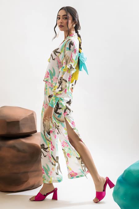 That Thing You Love Multi Color Satin Collared Printed Frilled Shirt And Slit Pant Set at Aza Fashions That Thing You Love_Multi Color Satin Collared Printed Frilled Shirt And Slit Pant Set _at_Aza_Fashions