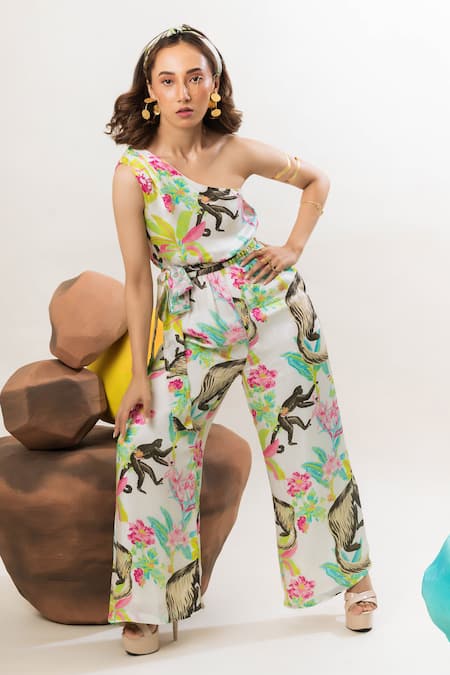 That Thing You Love Multi Color Satin, Cotton One Shoulder Printed Jumpsuit With Belt Online at Aza Fashions That Thing You Love_Multi Color Satin, Cotton One Shoulder Printed Jumpsuit With Belt _Online_at_Aza_Fashions