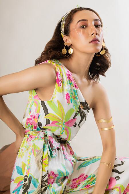 Buy That Thing You Love Multi Color Satin, Cotton One Shoulder Printed Jumpsuit With Belt Online at Aza Fashions Buy_That Thing You Love_Multi Color Satin, Cotton One Shoulder Printed Jumpsuit With Belt _Online_at_Aza_Fashions