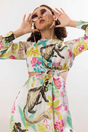 That Thing You Love Multi Color Satin, Cotton High Neck Printed Dress Online at Aza Fashions That Thing You Love_Multi Color Satin, Cotton High Neck Printed Dress _Online_at_Aza_Fashions