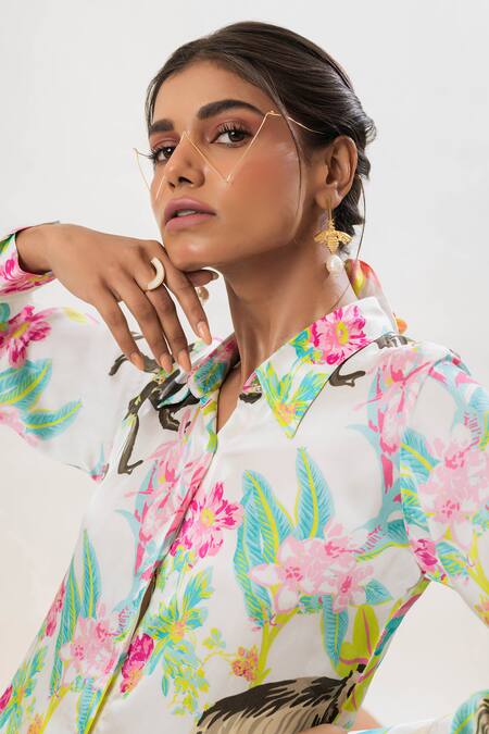 Buy_That Thing You Love_Multi Color Satin Embroidery Collared Printed Shirt _Online_at_Aza_Fashions
