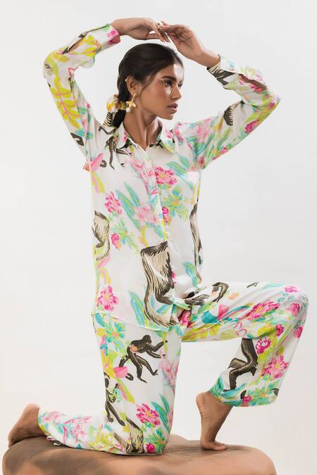 Shop_That Thing You Love_Multi Color Satin Embroidery Collared Printed Shirt _Online_at_Aza_Fashions