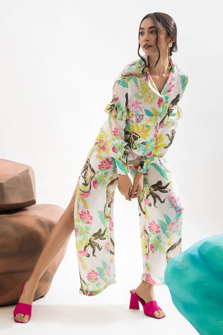 That Thing You Love Multi Color Satin Printed Floral Slit Pant Online at Aza Fashions That Thing You Love_Multi Color Satin Printed Floral Slit Pant _Online_at_Aza_Fashions