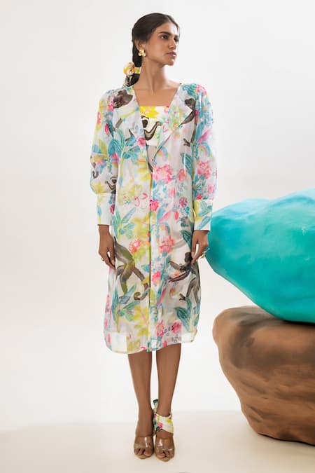 That Thing You Love_Multi Color Organza, Cotton, Linen Collared Printed Satin Trench Coat _Online_at_Aza_Fashions