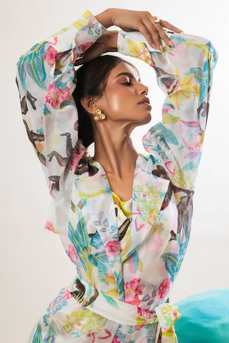 Buy_That Thing You Love_Multi Color Organza, Cotton, Linen Collared Printed Satin Trench Coat _Online_at_Aza_Fashions