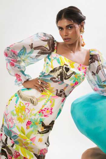 That Thing You Love Multi Color Satin, Organza, Cotton Square Neck Jungle Print A-line Dress Online at Aza Fashions That Thing You Love_Multi Color Satin, Organza, Cotton Square Neck Jungle Print A-line Dress _Online_at_Aza_Fashions