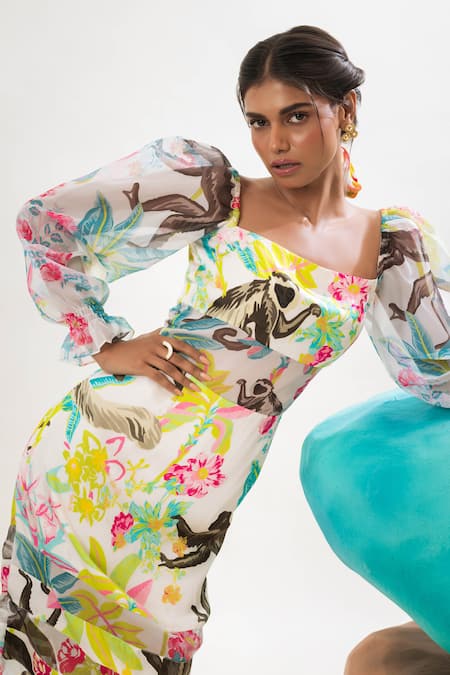 Buy_That Thing You Love_Multi Color Organza, Satin, Cotton Jungle Print A-line Dress With Trench Coat _Online_at_Aza_Fashions