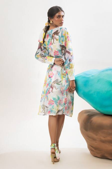 That Thing You Love_Multi Color Organza, Satin, Cotton Jungle Print A-line Dress With Trench Coat _at_Aza_Fashions