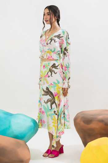 Shop That Thing You Love Multi Color Satin, Cotton Jungle Print Asymmetric Skirt Online at Aza Fashions Shop_That Thing You Love_Multi Color Satin, Cotton Jungle Print Asymmetric Skirt _Online_at_Aza_Fashions