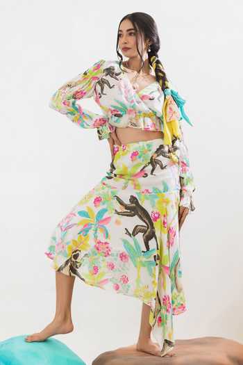 That Thing You Love Multi Color Satin, Cotton Jungle Print Asymmetric Skirt at Aza Fashions That Thing You Love_Multi Color Satin, Cotton Jungle Print Asymmetric Skirt _at_Aza_Fashions