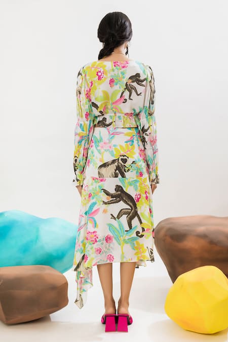 Shop That Thing You Love Multi Color Satin, Cotton V-neck Jungle Print Crop Top And Skirt Set at Aza Fashions Shop_That Thing You Love_Multi Color Satin, Cotton V-neck Jungle Print Crop Top And Skirt Set _at_Aza_Fashions