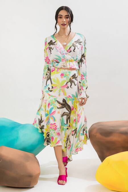 Buy That Thing You Love Multi Color Satin, Cotton V-neck Jungle Print Crop Top And Skirt Set Online at Aza Fashions Buy_That Thing You Love_Multi Color Satin, Cotton V-neck Jungle Print Crop Top And Skirt Set _Online_at_Aza_Fashions
