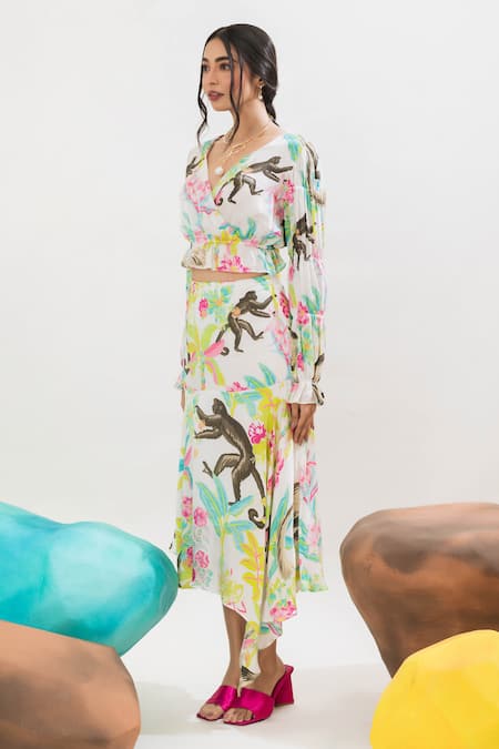 Shop That Thing You Love Multi Color Satin, Cotton V-neck Jungle Print Crop Top And Skirt Set Online at Aza Fashions Shop_That Thing You Love_Multi Color Satin, Cotton V-neck Jungle Print Crop Top And Skirt Set _Online_at_Aza_Fashions