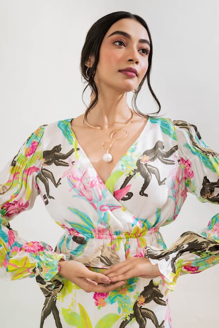 That Thing You Love Multi Color Satin, Cotton V-neck Jungle Print Crop Top And Skirt Set at Aza Fashions That Thing You Love_Multi Color Satin, Cotton V-neck Jungle Print Crop Top And Skirt Set _at_Aza_Fashions