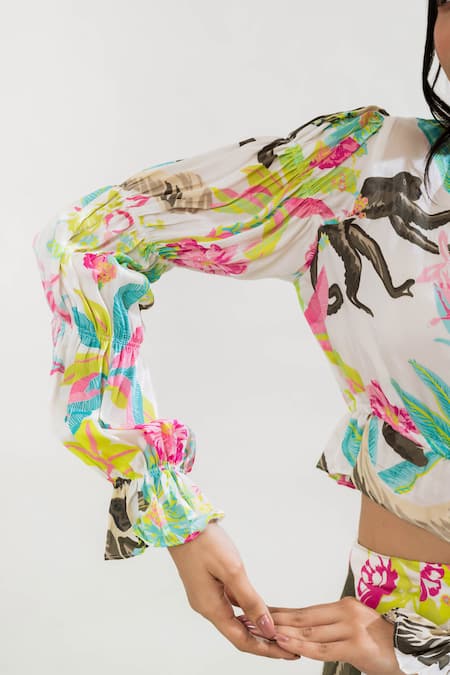 Buy That Thing You Love Multi Color Satin, Cotton V-neck Jungle Print Crop Top And Skirt Set Buy_That Thing You Love_Multi Color Satin, Cotton V-neck Jungle Print Crop Top And Skirt Set
