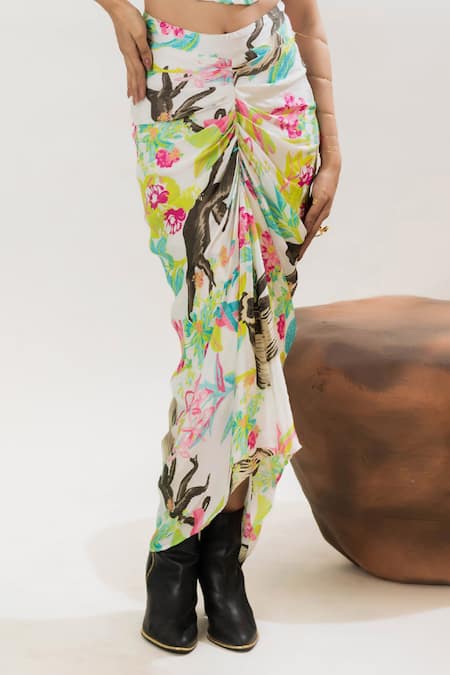 That Thing You Love Multi Color Satin, Cotton Embroidery Square Printed Corset And Draped Skirt Set Online at Aza Fashions That Thing You Love_Multi Color Satin, Cotton Embroidery Square Printed Corset And Draped Skirt Set _Online_at_Aza_Fashions