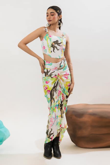 Buy That Thing You Love Multi Color Satin, Cotton Embroidery Square Printed Corset And Draped Skirt Set Online at Aza Fashions Buy_That Thing You Love_Multi Color Satin, Cotton Embroidery Square Printed Corset And Draped Skirt Set _Online_at_Aza_Fashions