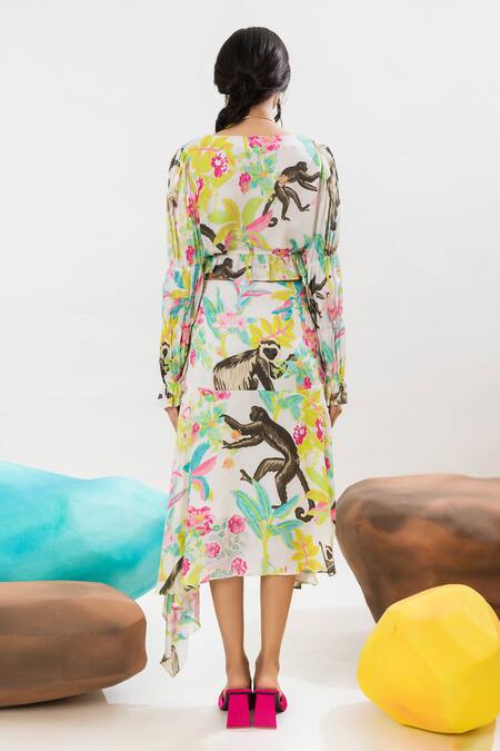 Shop That Thing You Love Multi Color Satin Printed Jungle V Neck Crop Top at Aza Fashions Shop_That Thing You Love_Multi Color Satin Printed Jungle V Neck Crop Top _at_Aza_Fashions