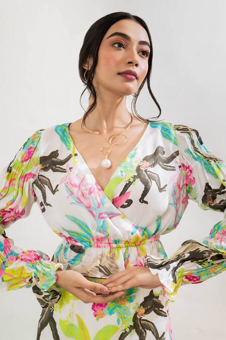 That Thing You Love Multi Color Satin Printed Jungle V Neck Crop Top Online at Aza Fashions That Thing You Love_Multi Color Satin Printed Jungle V Neck Crop Top _Online_at_Aza_Fashions