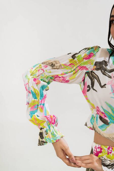 Buy That Thing You Love Multi Color Satin Printed Jungle V Neck Crop Top Online at Aza Fashions Buy_That Thing You Love_Multi Color Satin Printed Jungle V Neck Crop Top _Online_at_Aza_Fashions