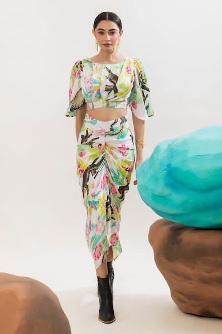 That Thing You Love Multi Color Satin, Cotton Jungle Print Draped Blouse Online at Aza Fashions That Thing You Love_Multi Color Satin, Cotton Jungle Print Draped Blouse _Online_at_Aza_Fashions