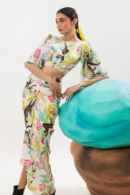 That Thing You Love_Multi Color Satin, Cotton Boat Neck Jungle Print Draped Blouse And Skirt Set _Online_at_Aza_Fashions