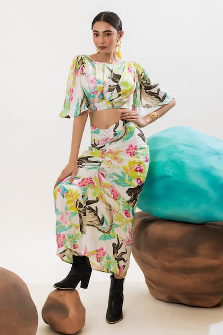Buy_That Thing You Love_Multi Color Satin, Cotton Boat Neck Jungle Print Draped Blouse And Skirt Set _Online_at_Aza_Fashions