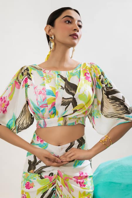 Shop_That Thing You Love_Multi Color Satin, Cotton Boat Neck Jungle Print Draped Blouse And Skirt Set _Online_at_Aza_Fashions