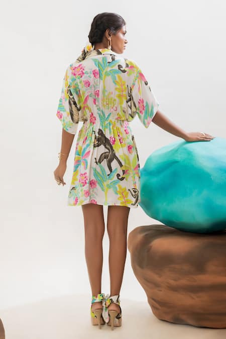 Shop That Thing You Love Multi Color Satin Collared Printed Draped Shirt Dress at Aza Fashions Shop_That Thing You Love_Multi Color Satin Collared Printed Draped Shirt Dress _at_Aza_Fashions