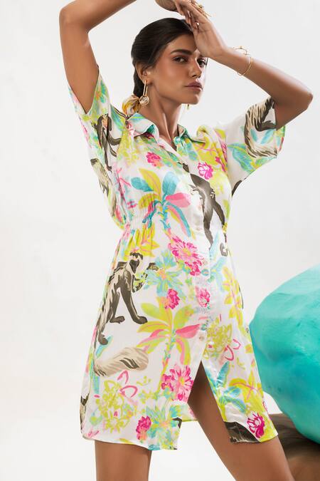 That Thing You Love Multi Color Satin Collared Printed Draped Shirt Dress Online at Aza Fashions That Thing You Love_Multi Color Satin Collared Printed Draped Shirt Dress _Online_at_Aza_Fashions