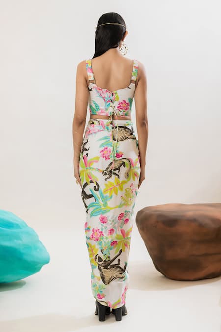 Shop_That Thing You Love_Multi Color Satin, Cotton Jungle Print Draped Skirt _at_Aza_Fashions