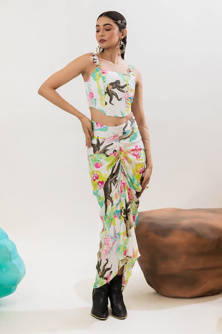 That Thing You Love_Multi Color Satin, Cotton Jungle Print Draped Skirt _Online_at_Aza_Fashions