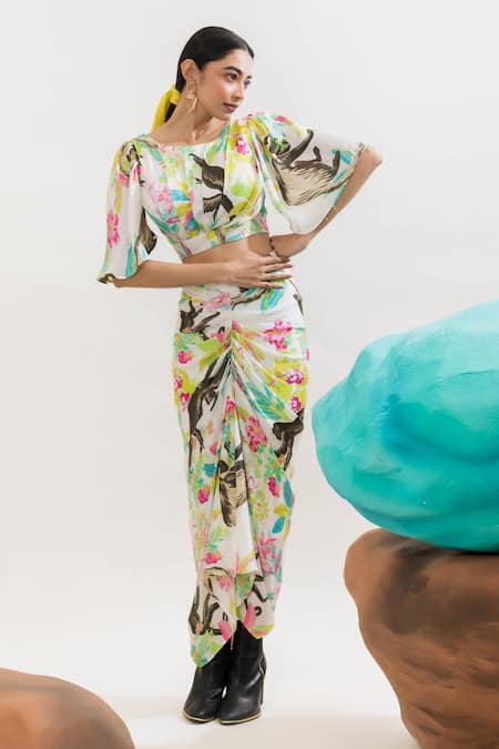 Shop_That Thing You Love_Multi Color Satin, Cotton Jungle Print Draped Skirt _Online_at_Aza_Fashions