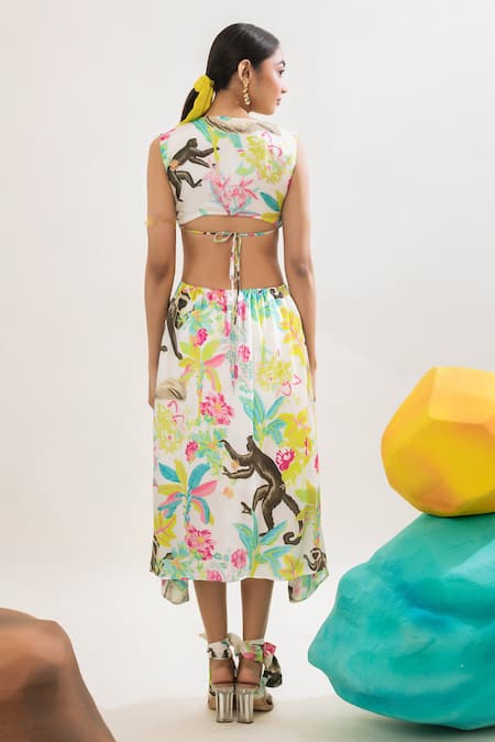 Shop That Thing You Love Multi Color Satin V-neck Jungle Print Dress at Aza Fashions Shop_That Thing You Love_Multi Color Satin V-neck Jungle Print Dress _at_Aza_Fashions