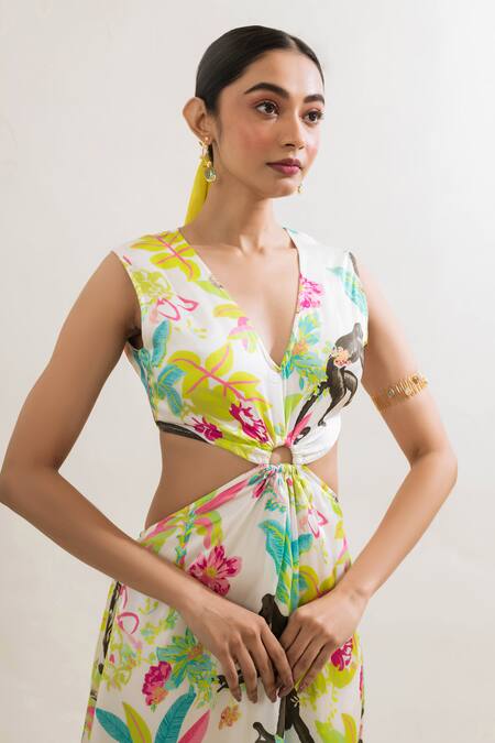 That Thing You Love Multi Color Satin V-neck Jungle Print Dress Online at Aza Fashions That Thing You Love_Multi Color Satin V-neck Jungle Print Dress _Online_at_Aza_Fashions
