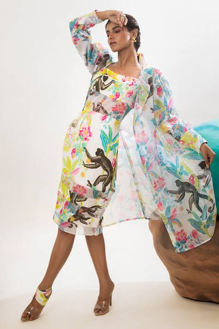 Shop_That Thing You Love_Multi Color Organza, Cotton, Linen Collared Printed Satin Trench Coat _Online_at_Aza_Fashions