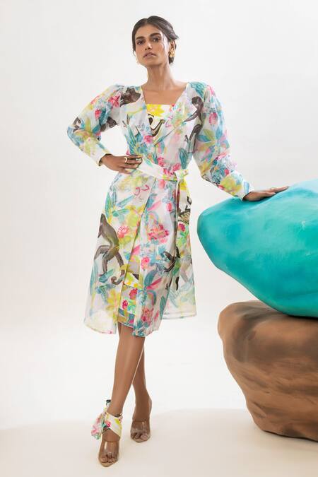 Buy_That Thing You Love_Multi Color Organza, Satin, Cotton Jungle Print A-line Dress With Trench Coat 