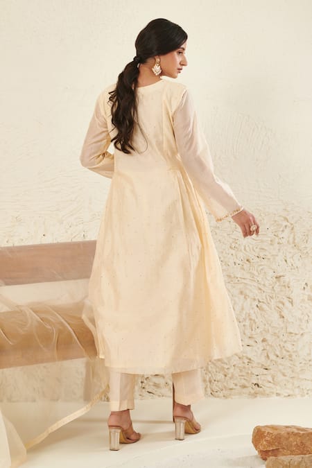 Shop Label Flamingo By Vrinda Ivory Chanderi, Organza Mirrors, Sequins, Mukaish Embroidered Anarkali Set at Aza Fashions Shop_Label Flamingo By Vrinda_Ivory Chanderi, Organza Mirrors, Sequins, Mukaish Embroidered Anarkali Set _at_Aza_Fashions